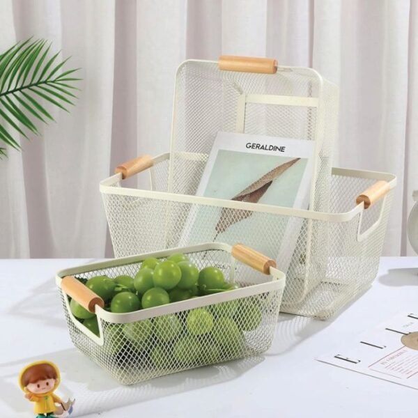 (Medium Size) Basket, Multipurpose Metal Mesh Kitchen Storage (Off White)